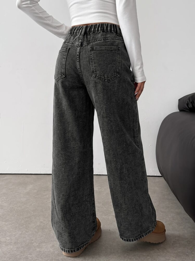 SHEIN Tween Girl Girls' Black Denim Fleece Lined Loose Fit Long Pants, Autumn/Winter - Black - View 6