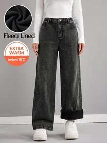 SHEIN 青少年女孩黑色牛仔刷毛內裡寬鬆長褲，秋冬款 - 黑色 - 查看 3