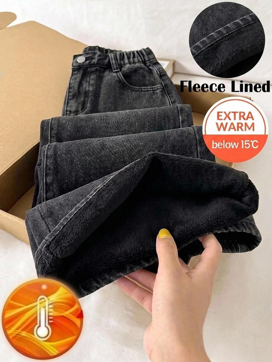 SHEIN Celana Panjang Longgar Denim Hitam Berlapisan Bulu untuk Remaja Perempuan, Musim Gugur/Dingin - Hitam - View 1