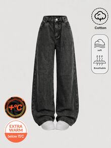 SHEIN 青少年女孩黑色牛仔刷毛內裡寬鬆長褲，秋冬款 - 黑色 - 查看 7