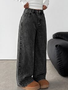 SHEIN 青少年女孩黑色牛仔刷毛內裡寬鬆長褲，秋冬款 - 黑色 - 查看 4