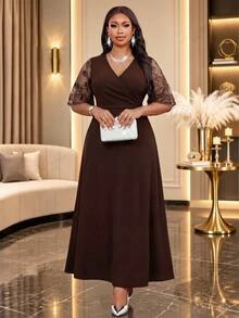 Fleurora Plus Size Women's Patchwork Embroidered Mesh Short Sleeve Overlap V-Neck Elegant Dress Wedding Party Formal Cocktail Dinner Evening Brown Summer - Brown - View 7