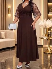 Fleurora Plus Size Women's Patchwork Embroidered Mesh Short Sleeve Overlap V-Neck Elegant Dress Wedding Party Formal Cocktail Dinner Evening Brown Summer - Brown - View 6