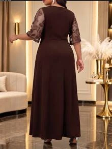 Fleurora Plus Size Women's Patchwork Embroidered Mesh Short Sleeve Overlap V-Neck Elegant Dress Wedding Party Formal Cocktail Dinner Evening Brown Summer - Brown - View 5