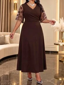 Fleurora Plus Size Women's Patchwork Embroidered Mesh Short Sleeve Overlap V-Neck Elegant Dress Wedding Party Formal Cocktail Dinner Evening Brown Summer - Brown - View 2