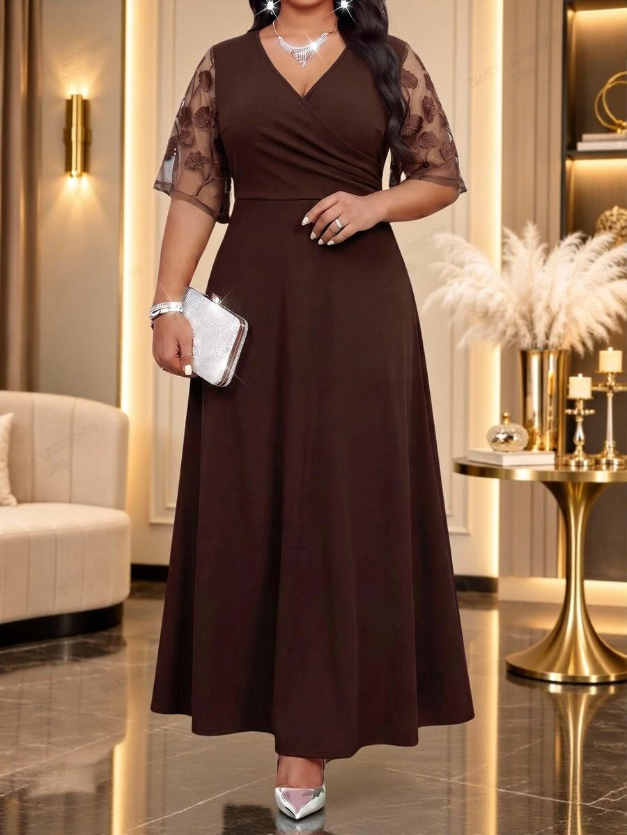 Fleurora Plus Size Women's Patchwork Embroidered Mesh Short Sleeve Overlap V-Neck Elegant Dress Wedding Party Formal Cocktail Dinner Evening Brown Summer - Brown - View 1