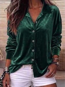 Holdful Holdful Fall Clothes FOR WomenWomen's Solid Color Single-Breasted Casual Versatile Daily Wear Shirt - Dark Green - View 3