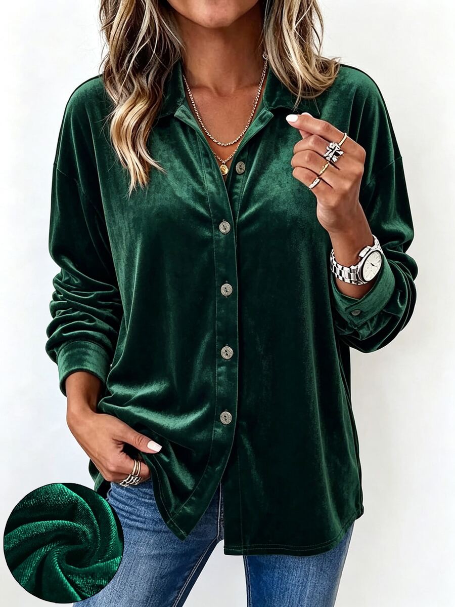 Holdful Holdful Fall Clothes FOR WomenWomen's Solid Color Single-Breasted Casual Versatile Daily Wear Shirt - Dark Green - View 1