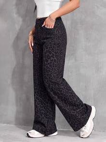 SHEIN Tween Girl Leopard Print Button Pocket Casual Everyday Denim Jeans - Grey - View 5