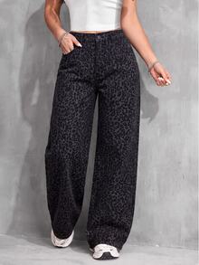 SHEIN Tween Girl Leopard Print Button Pocket Casual Everyday Denim Jeans - Grey - View 4