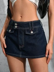 Rivivi Y2K Red Contrast Stitching Washed Mini Denim Skirt - Navy Blue - View 9