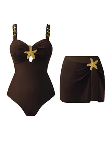 SHEIN Swim 女士可爱五角星装饰休闲度假两件套泳衣和裙子，圣诞节服装，新年服装 - 咖啡棕 - 查看 1