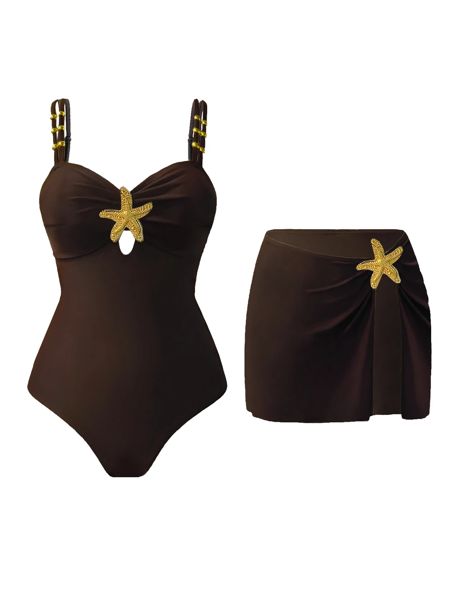 SHEIN Swim 女士可爱五角星装饰休闲度假两件套泳衣和裙子,圣诞节服装,新年服装 - 咖啡棕 - 查看 1