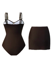 SHEIN Swim 女士可爱五角星装饰休闲度假两件套泳衣和裙子，圣诞节服装，新年服装 - 咖啡棕 - 查看 2