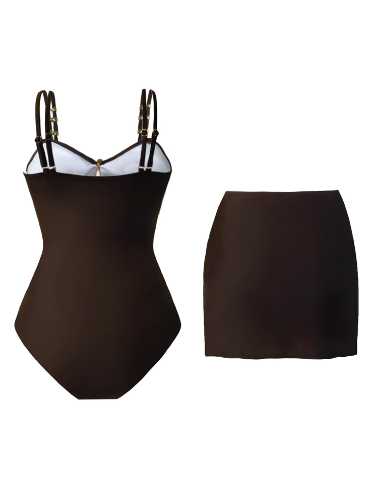 SHEIN Swim Women's Cute Pentagram Decor Casual Vacation 2 Pieces One Piece Swimsuit & Skirt, Christmas Outfits, New Year Outfits - Coffee Brown - View 2