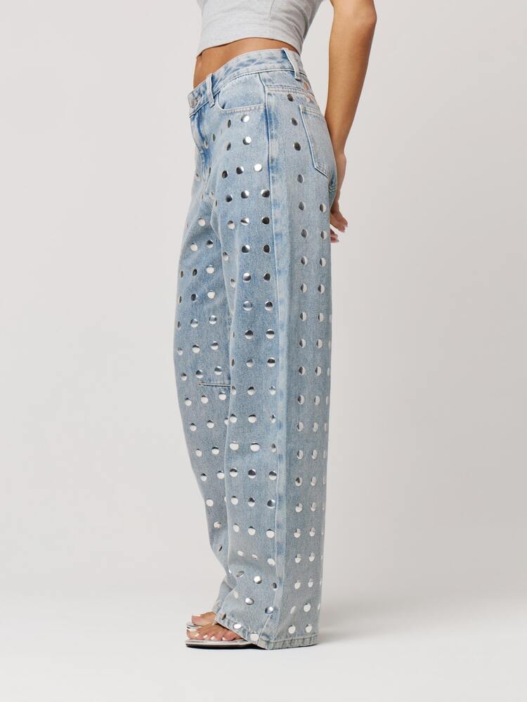 Musera Petite Celana Jeans Model Longgar Potongan Lurus dengan Hiasan Kancing Cermin, Pinggang Sedang, Cocok untuk Musim Gugur/Musim Dingin, Kembali ke Sekolah, Sehari-hari, Malam Hari, Pesta, Warna Biru Muda, Gaya Y2K 90-an - Biru - View 5