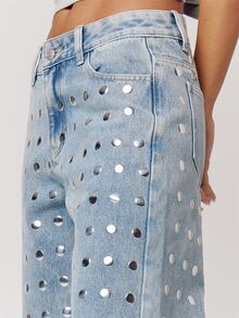 Musera Petite Mid Rise Mirror Studded Baggy Fit Straight Leg Jeans Fall Autumn Winter Back To School Daily Everyday - Blue - View 6