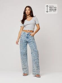 Musera Petite Mid Rise Mirror Studded Baggy Fit Straight Leg Jeans Fall Autumn Winter Back To School Daily Everyday - Blue - View 1