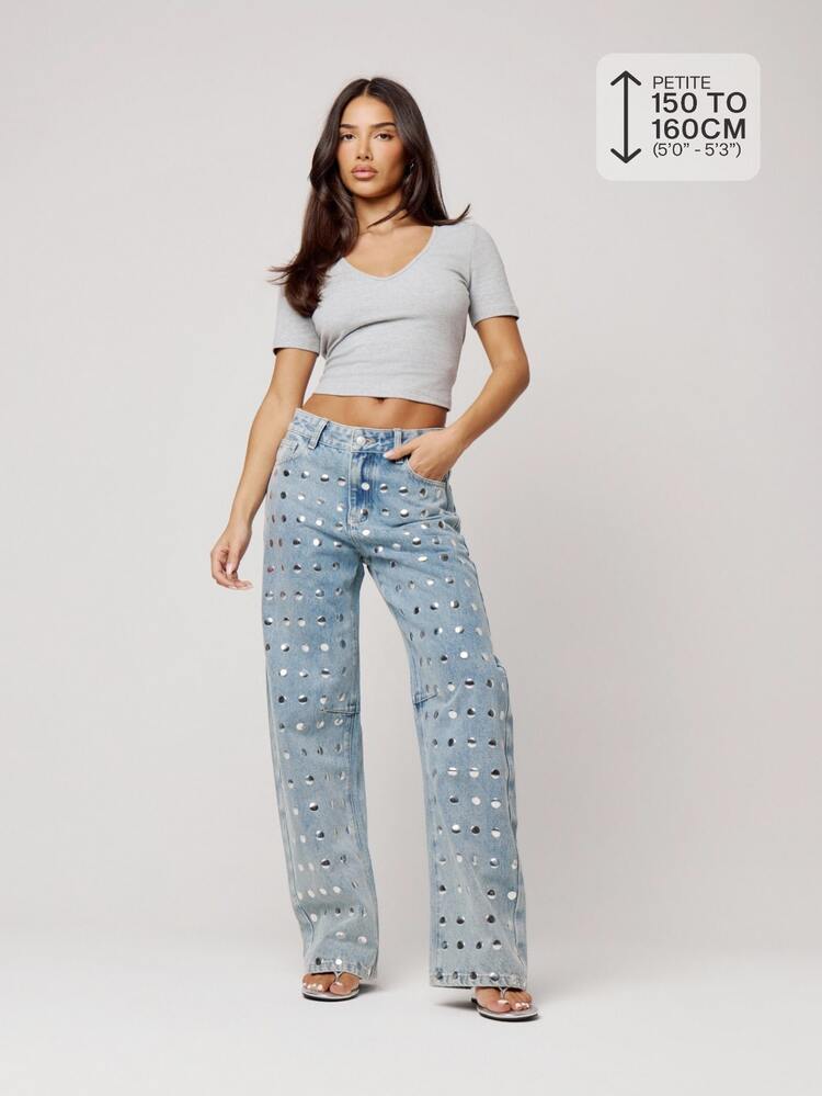Musera Petite Celana Jeans Model Longgar Potongan Lurus dengan Hiasan Kancing Cermin, Pinggang Sedang, Cocok untuk Musim Gugur/Musim Dingin, Kembali ke Sekolah, Sehari-hari, Malam Hari, Pesta, Warna Biru Muda, Gaya Y2K 90-an - Biru - View 1