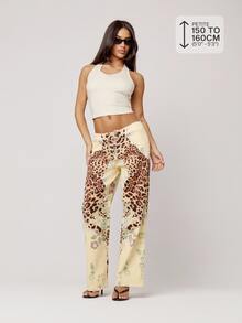 Musera Petite Lace Up Straight Leg Printed Jeans Autumn Winter Back To School Daily Everyday - Multicolor - View 1