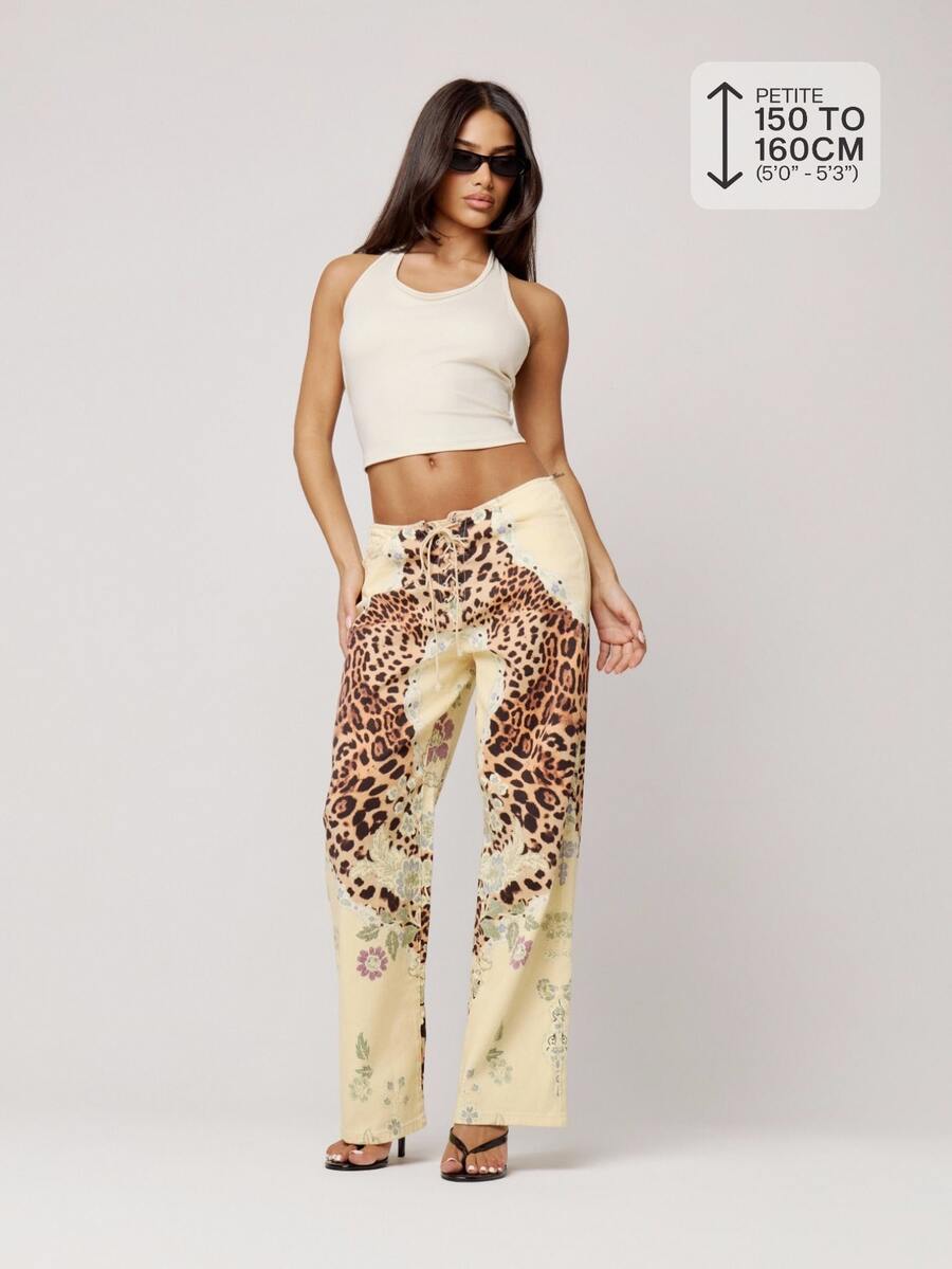 Musera Petite Lace Up Straight Leg Printed Jeans Autumn Winter Back To School Daily Everyday - Multicolor - View 1
