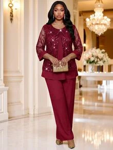 Fleurora Plus Size Women's Mesh Long Sleeve Top And Pants Casual Set - Burgundy - View 6