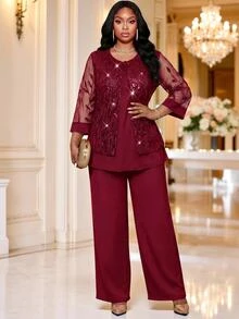 Fleurora Plus Size Women's Mesh Long Sleeve Top And Pants Casual Set - Burgundy - View 5