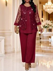 Fleurora Plus Size Women's Mesh Long Sleeve Top And Pants Casual Set - Burgundy - View 1
