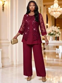 Fleurora Plus Size Women's Mesh Long Sleeve Top And Pants Casual Set - Burgundy - View 4