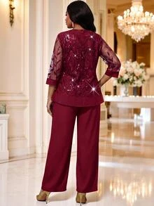 Fleurora Plus Size Women's Mesh Long Sleeve Top And Pants Casual Set - Burgundy - View 2
