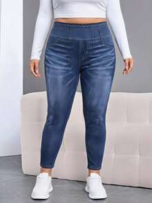 SHEIN CURVE+ Plus Size Casual Pocket Button Distressed Design Slim Fit Pants Daily Wear, Fall Winter 2026 22W - Blue - View 4