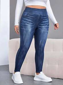 SHEIN CURVE+ Plus Size Casual Pocket Button Distressed Design Slim Fit Pants Daily Wear, Fall Winter 2026 22W - Blue - View 5
