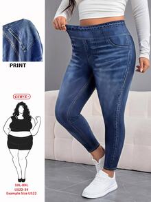 SHEIN CURVE+ Plus Size Casual Pocket Button Distressed Design Slim Fit Pants Daily Wear, Fall Winter 2026 22W - Blue - View 2