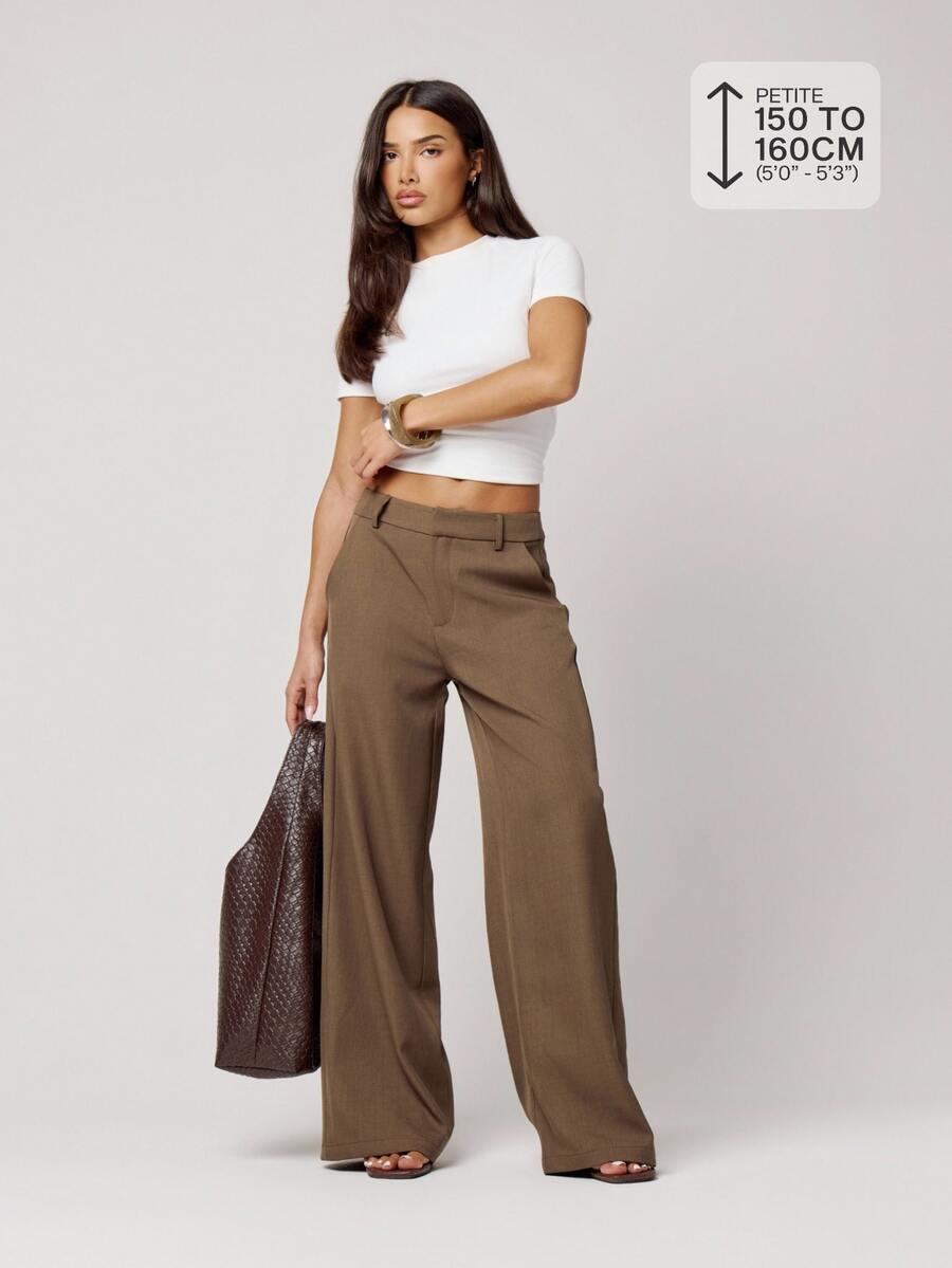 Musera Petite Brown Loose Fit Tailored Pants Fall Autumn Winter Back To School Daily Everyday - Brown - View 1