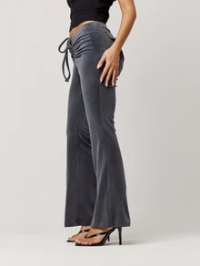 Musera Petite Grey Velour Low Waist Drawstring Tie Ruched Front Flared Trousers Fall Autumn Winter Back To School Daily Everyday - Grey - View 5