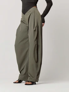 Musera Petite Grey Nylon Balloon Leg Button Hem Pleat Trouser Autumn Winter Back To School Daily Everyday - Dark Green - View 2