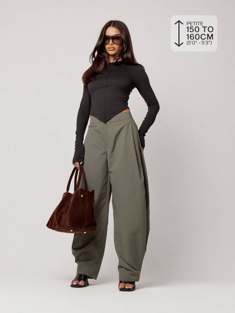 Musera Petite Grey Nylon Balloon Leg Button Hem Pleat Trouser Autumn Winter Back To School Daily Everyday - Dark Green - View 1