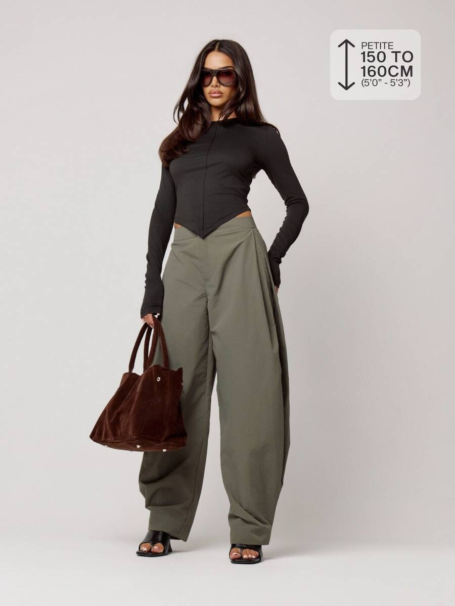 Musera Petite Grey Nylon Balloon Leg Button Hem Pleat Trouser Autumn Winter Back To School Daily Everyday - Dark Green - View 1