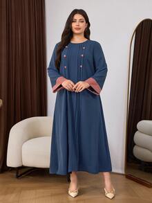 Al Najma Casual Minimalist Contrast Color Round Neck Button Contrast Color Loose Regular Fit Spring Autumn Plus Size Women's Arabian Dress - Navy Blue - View 5