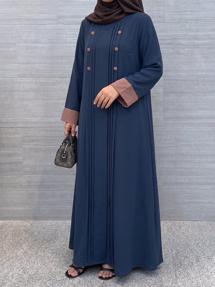 Al Najma Casual Minimalist Contrast Color Round Neck Button Contrast Color Loose Regular Fit Spring Autumn Plus Size Women's Arabian Dress - Navy Blue - View 1