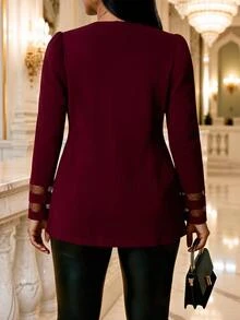 SHEIN Lady Women Plus Size Long Sleeve Patchwork Jacket Fall - Burgundy - View 2