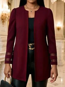 SHEIN Lady Women Plus Size Long Sleeve Patchwork Jacket Fall - Burgundy - View 4