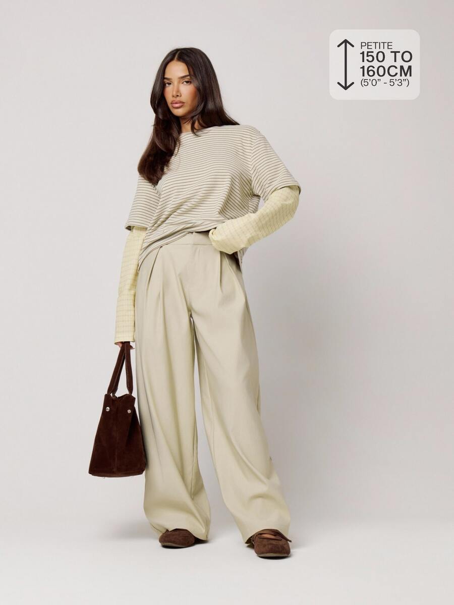 Musera Petite Celana Panjang Setelan Kaki Balon Lebar Plisket Warna Beige untuk Musim Gugur dan Musim Dingin, Kembali ke Sekolah, Harian Sehari-hari - Khaki - View 1
