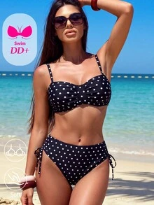 SHEIN Women's New Polka Dot Print 2 Pieces Swimwear Set, Suitable For Summer Beach Wear, Fashionable Casual Sexy Vacation Style Black And White Polka Dot - Black - View 1