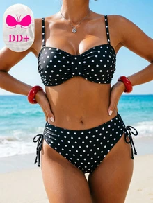 SHEIN Women's New Polka Dot Print 2 Pieces Swimwear Set, Suitable For Summer Beach Wear, Fashionable Casual Sexy Vacation Style Black And White Polka Dot - Black - View 4