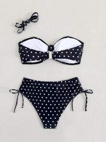 SHEIN Women's New Polka Dot Print 2 Pieces Swimwear Set, Suitable For Summer Beach Wear, Fashionable Casual Sexy Vacation Style Black And White Polka Dot - Black - View 6