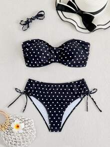 SHEIN Women's New Polka Dot Print 2 Pieces Swimwear Set, Suitable For Summer Beach Wear, Fashionable Casual Sexy Vacation Style Black And White Polka Dot - Black - View 5
