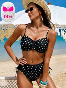 SHEIN Women's New Polka Dot Print 2 Pieces Swimwear Set, Suitable For Summer Beach Wear, Fashionable Casual Sexy Vacation Style Black And White Polka Dot - Black - View 3