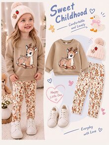Baby Girl Casual Minimalist Loose Crew Neck Sweatshirt And Elastic Waist Long Pants Set, Thermal Lined, Suitable For Autumn/Winter - Multicolor - View 1