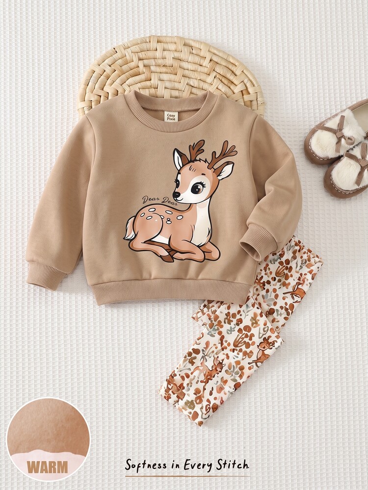 Baby Girl Casual Minimalist Loose Crew Neck Sweatshirt And Elastic Waist Long Pants Set, Thermal Lined, Suitable For Autumn/Winter - Multicolor - View 6